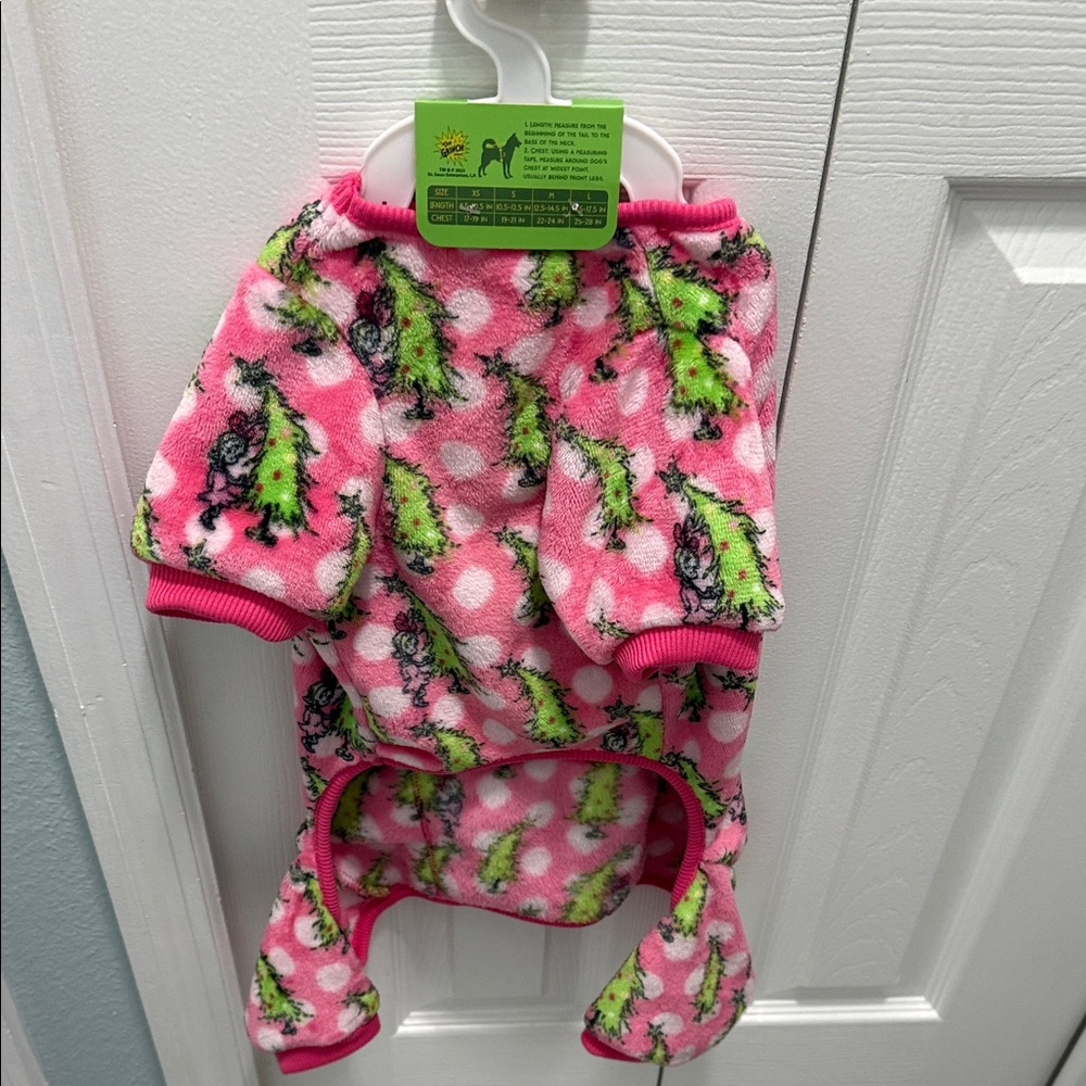 Pink Holiday Fleece Grinch Dog Onesie with Green Tree Print